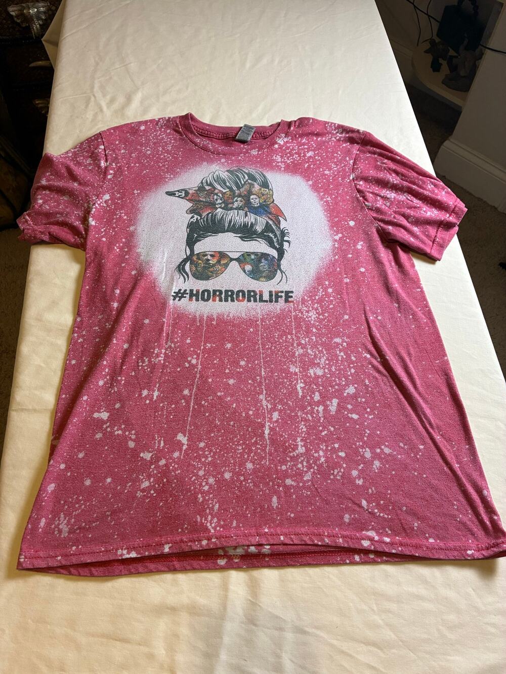 Horror Life Graphic T Shirt Pink Bleach Splatter Halloween Horror Movie Tee M